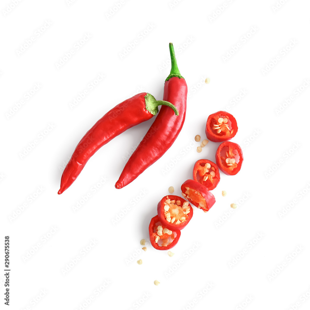 Fresh chili peppers on white background