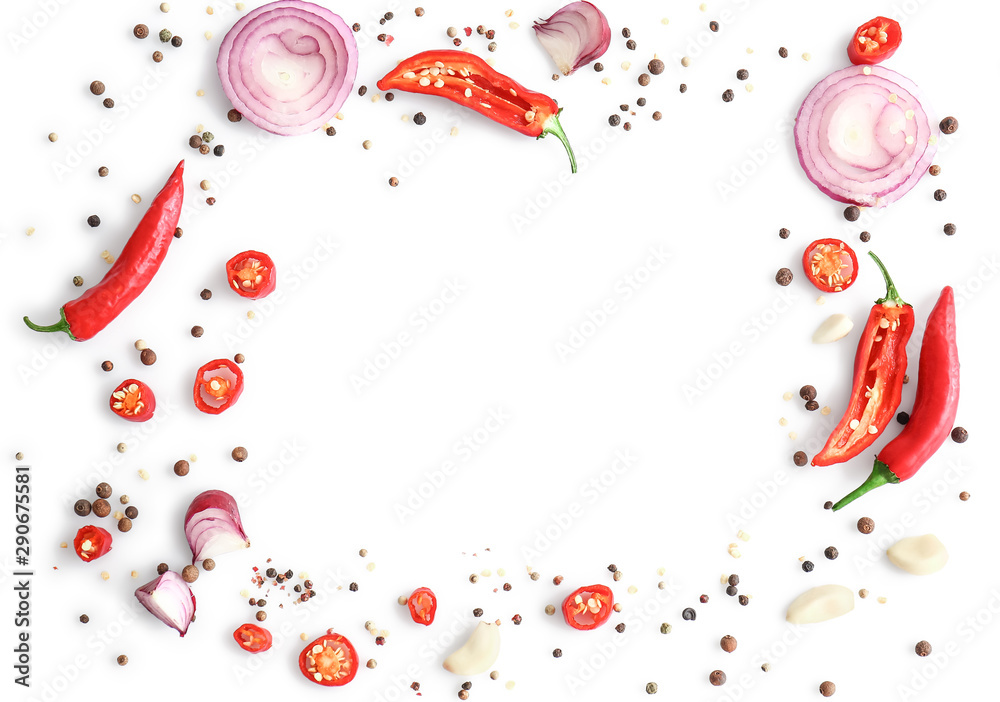 Frame made of different spices on white background - obrazy, fototapety, plakaty 