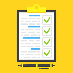 Poster - Clipboard with green ticks checkmarks and black pen. Vector illustration.