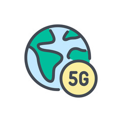 Poster - Globe with 5G connection color line icon. 5G network vector outline colorful sign.
