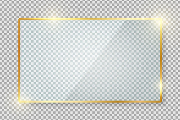 Transparent gold glass banner with reflection isolated on transparent background. Blank gloss glass plate. Realistic rectangle glass frame. Square 3d shiny display mockup. Window design. Vector