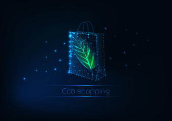 Canvas Print - Futuristic glowing low polygonal paper shopping bag with green leaf. Eco shopping concept.