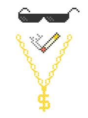 Poster - Funny pixelated boss sunglasses. Gangster, thug glasses, gold chain and cigar. Vector illustration.