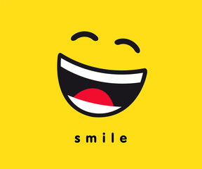 Smile wink icon template design. Smiling emoticon vector logo on yellow background. Emoji joy in line art style illustration. World Smile Day, October 4th banner