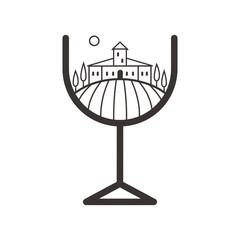 Tuscany landscape with vineyard fields, villa, trees in wine glass shape. Outline vector illustration of rural landscape. Vector illustration.