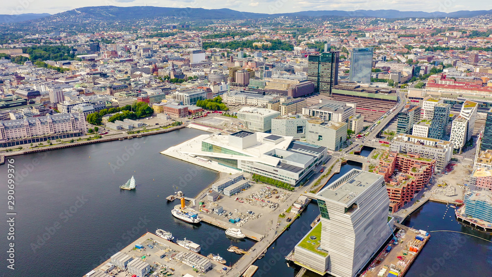 Obraz na płótnie Oslo, Norway. City center from the air. Embankment Oslo Fjord. Oslo Opera House, From Drone w salonie