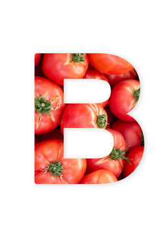 Letter B of Capital letters alphabet. Single letter Made of tomatoes. Vegetable Alphabet.