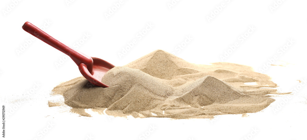Beach toy for kids, plastic tool in sand pile isolated on white background - obrazy, fototapety, plakaty 