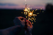 Hands holding sparkling fireworks to the sky at twilight