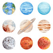 Watercolor set of solar system planets. Earth, Mercury, Saturn, Jupiter, Venus, Mars, Pluto, Uranus, Neptune. Isolated planets on white background.