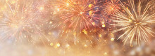 Abstract Gold And Silver Glitter Background With Fireworks. Christmas Eve, 4th Of July Holiday Concept. Banner