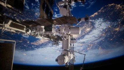 Wall Mural - Earth and outer space station iss. Elements of this image furnished by NASA.