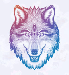 The head of a wolf. Dreamy magic art. Night, nature, wicca symbol. Isolated vector illustration. Great outdoors, tattoo design.