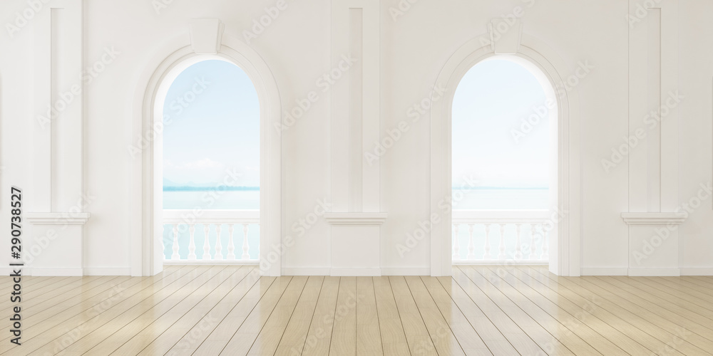 View of empty room in classic style with arch window design,curve details,The sun light cast shadow on the wood floor on sea view background. 3d rendering.	 - obrazy, fototapety, plakaty 