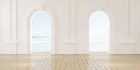 View of empty room in classic style with arch window design,curve details,The sun light cast shadow on the wood floor on sea view background. 3d rendering.	