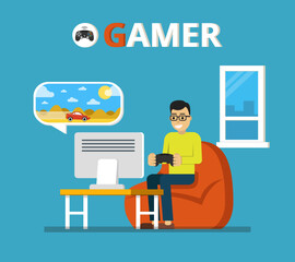 Poster - Man sitting at home behind his desk and playing video games. Gamer concept. Flat vector illustration.