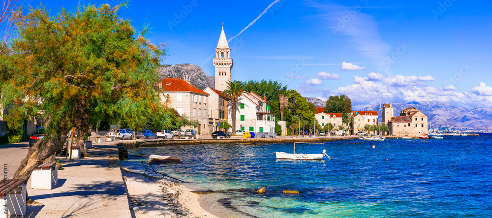 Beautiful old coastal villages in Croatia. Kastela in Dalmatia. view of Kastel Stafilic village - obrazy, fototapety, plakaty 