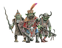 Gang Of Goblins. Fantasy Illustration. Goblin With Sword Drawing.