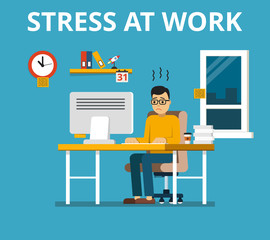 Poster - Stress at work concept. Tired and overworked businessman or office worker sitting at his desk. Flat vector illustration.