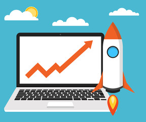 Poster - Startup concept. Rocket, chart and laptop on the illustration as a symbol of success. Project development. Flat vector.