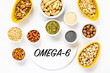 Top View of Variety of Nuts and Seeds on the White Background with Omega-6 Text Copy