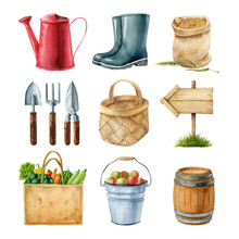 Collection Of Garden Equipment. Handdrawn Garden Tools And Objects. Watercolor Illustration, Hand Made Clipart.