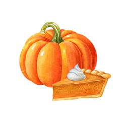 Fresh ripe orange pumpkin and piece of american pumpkin pie isolated on white background. Autumn watercolor food illustration. Handdrawn clipart.