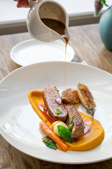 Wall Mural - Grilled Duck With Puree of Sweet Potato in Luxury Restaurant for Dinner