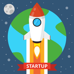Poster - Rocket launch over the earth. Startup concept. Project development. Flat vector illustration.