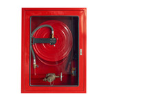 Fire Hoses Packed Inside Of Red Emergency Box Isolated On White Background With Clipping Path.