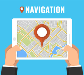 Poster - Man holding a tablet with mobile gps navigation. Concept for finding the right place. Flat vector illustration.