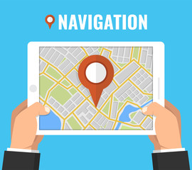 Poster - Man holding a tablet with mobile gps navigation. Concept for finding the right place. Flat vector illustration.