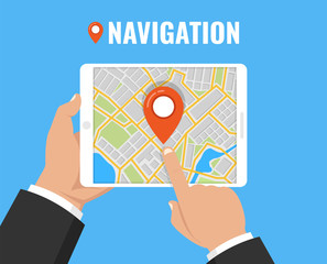 Poster - Man holding a tablet with mobile gps navigation. Concept for finding the right place. Vector illustration.