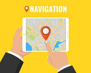 Poster - Man holding a tablet with mobile gps navigation. Concept for finding the right place. Vector illustration.