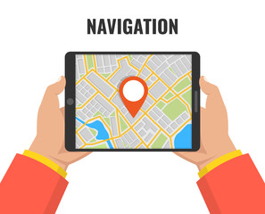 Poster - Man holding a tablet with mobile gps navigation. Concept for finding the right place. Vector illustration.
