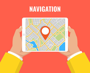 Poster - Man holding a tablet with mobile gps navigation. Concept for finding the right place. Vector illustration.