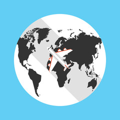 Poster - Airplane flying above the earth. Around the world travelling concept. Flat cartoon style. Vector illustration.