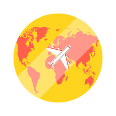 Poster - Airplane flying above the earth. Around the world travelling concept. Flat cartoon style. Vector illustration.