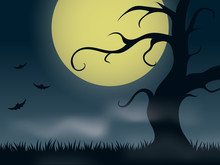 Halloween Poster. Scary Tree And Bats In The Moonlight. Vector Illustration