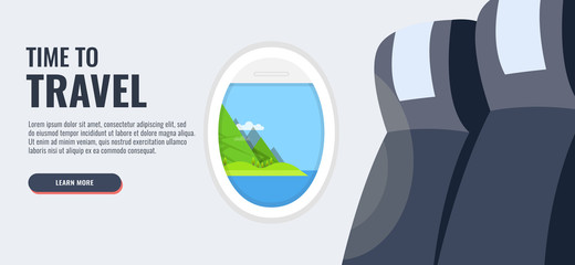 Poster - View from airplane. Airline passenger. Vacation destinations. Summer holiday. Time to travel concept. Web vector banner.