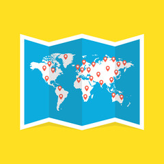 Poster - World travel map. Travel pin location on a global map. Vector illustration.