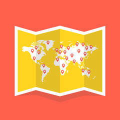 Poster - World travel map. Travel pin location on a global map. Vector illustration.
