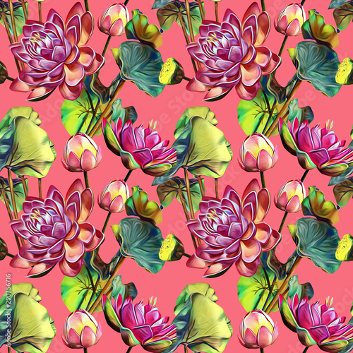 Waterlilies flower seamless pattern.
