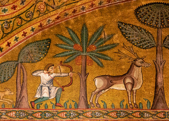 Hunter and deer in byzantine mosaics of Palermo