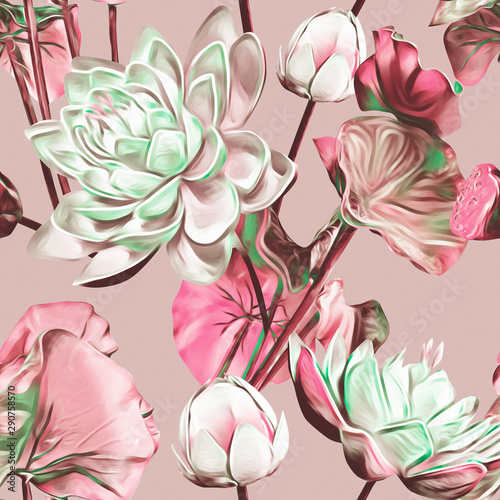 Waterlilies flower seamless pattern.