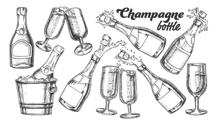 Wall Mural - champagne bottle and glass monochrome set vector. collection of sparkling winery alcoholic champagne