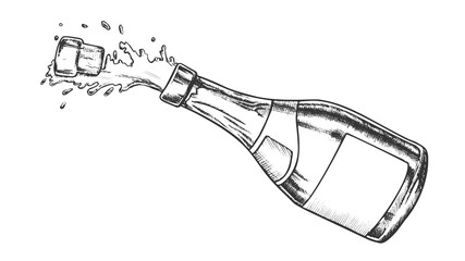 Wall Mural - champagne blank label glass bottle vintage vector. flies cork, splash and fizz champagne. bang open 