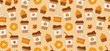 Pumpkin spice latte season. Coffee mugs, donuts, pumpkin pie slices and autumn leaves. Flat vector seamless pattern.