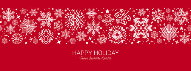 Wall Mural - white and red seamless snowflake border, christmas design for greeting card. vector illustration, me