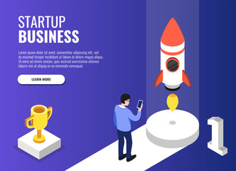 Poster - Concept of Startup project. User looking at the phone. Web banner, infographics. Isometric vector illustration.